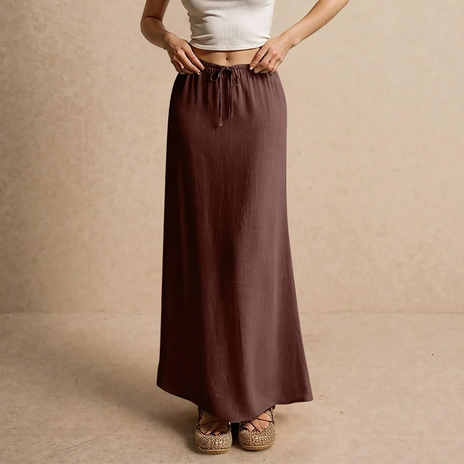 Summer Linen Maxi Skirts for Women Comfy Drawstring Waist A Line Cute Vacation Boho Long Flowy Skirt Trendy