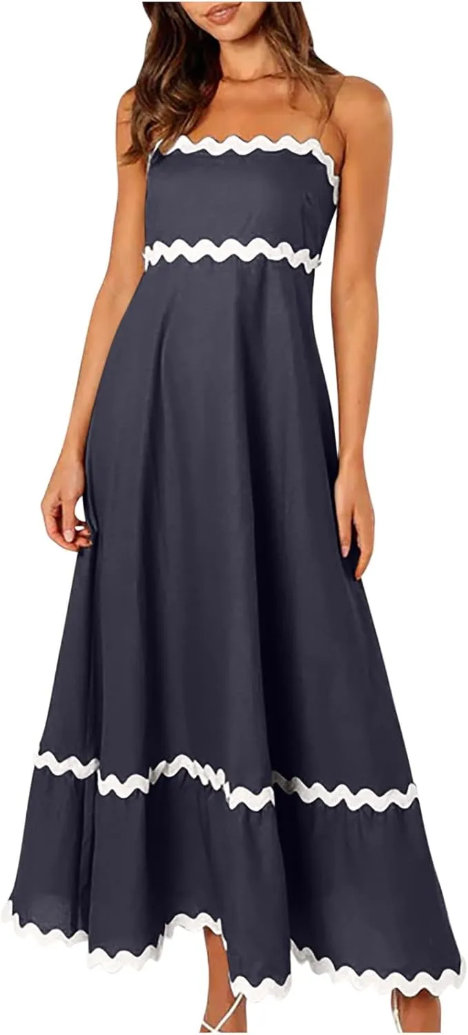 Summer Maxi Dresses for Women 2024 Casual RIC Rac Spaghetti Strap Dress Beach Vacation A Line Flowy Swing Sundresses