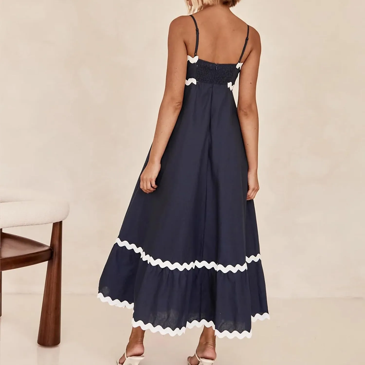 Summer Maxi Dresses for Women 2024 Casual RIC Rac Spaghetti Strap Dress Beach Vacation A Line Flowy Swing Sundresses
