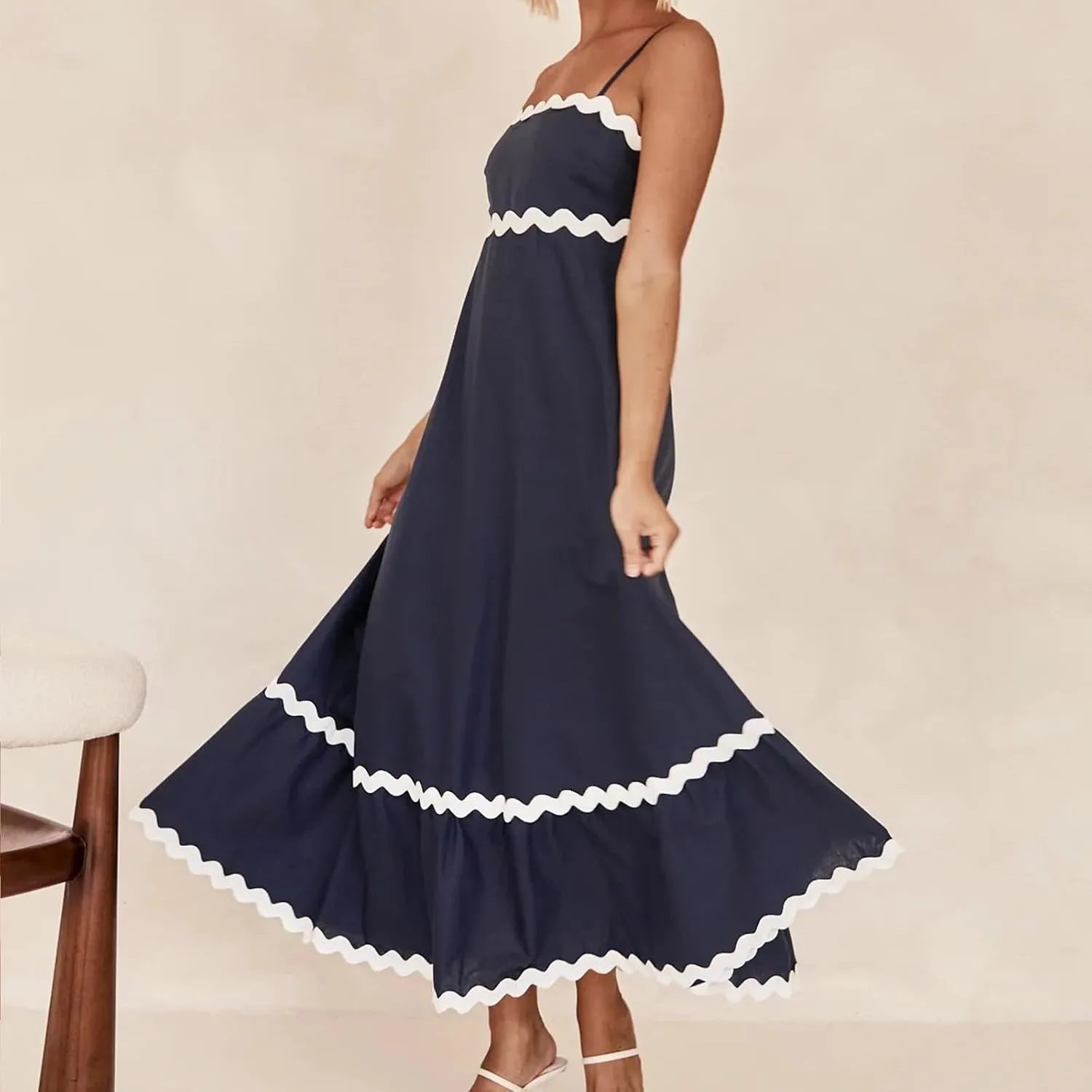 Summer Maxi Dresses for Women 2024 Casual RIC Rac Spaghetti Strap Dress Beach Vacation A Line Flowy Swing Sundresses