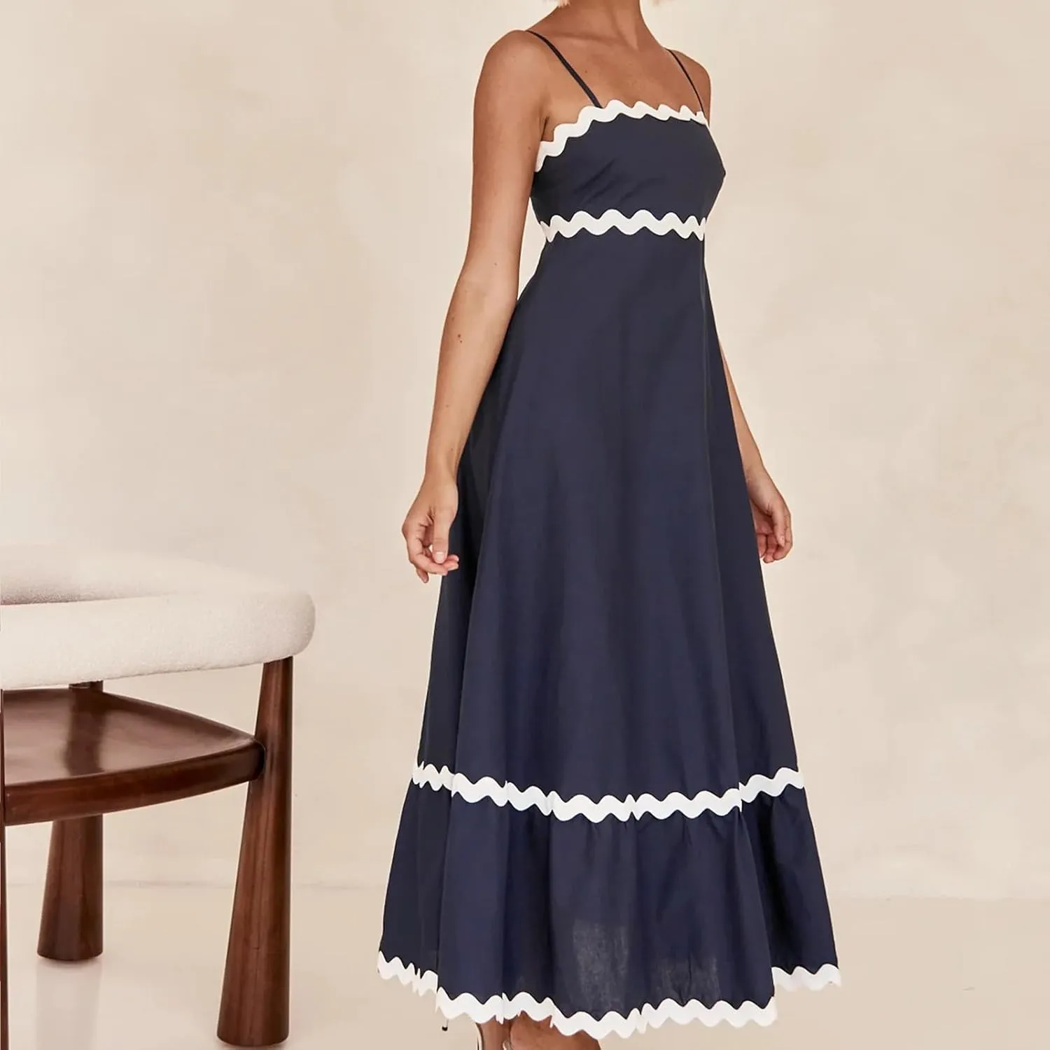 Summer Maxi Dresses for Women 2024 Casual RIC Rac Spaghetti Strap Dress Beach Vacation A Line Flowy Swing Sundresses