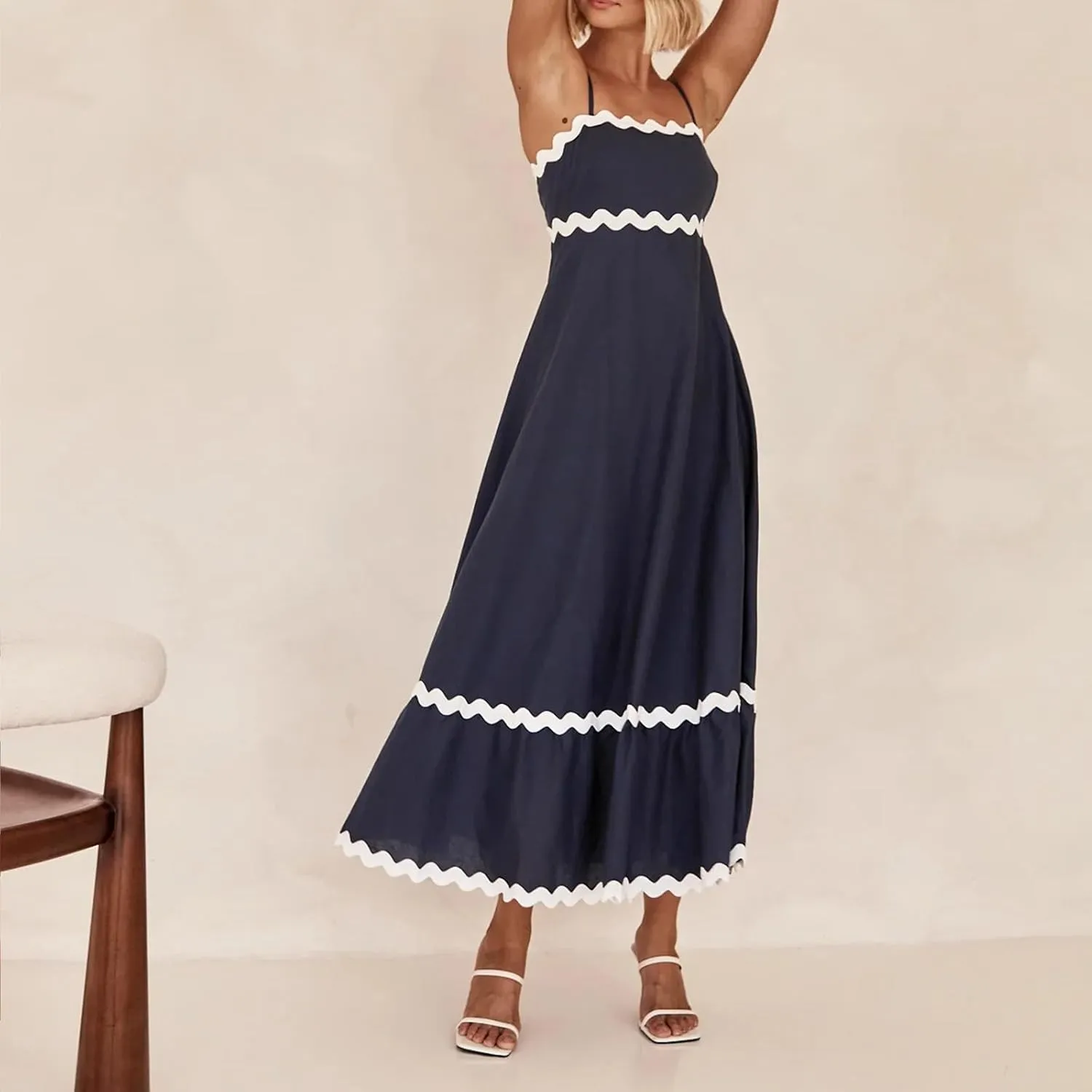 Summer Maxi Dresses for Women 2024 Casual RIC Rac Spaghetti Strap Dress Beach Vacation A Line Flowy Swing Sundresses