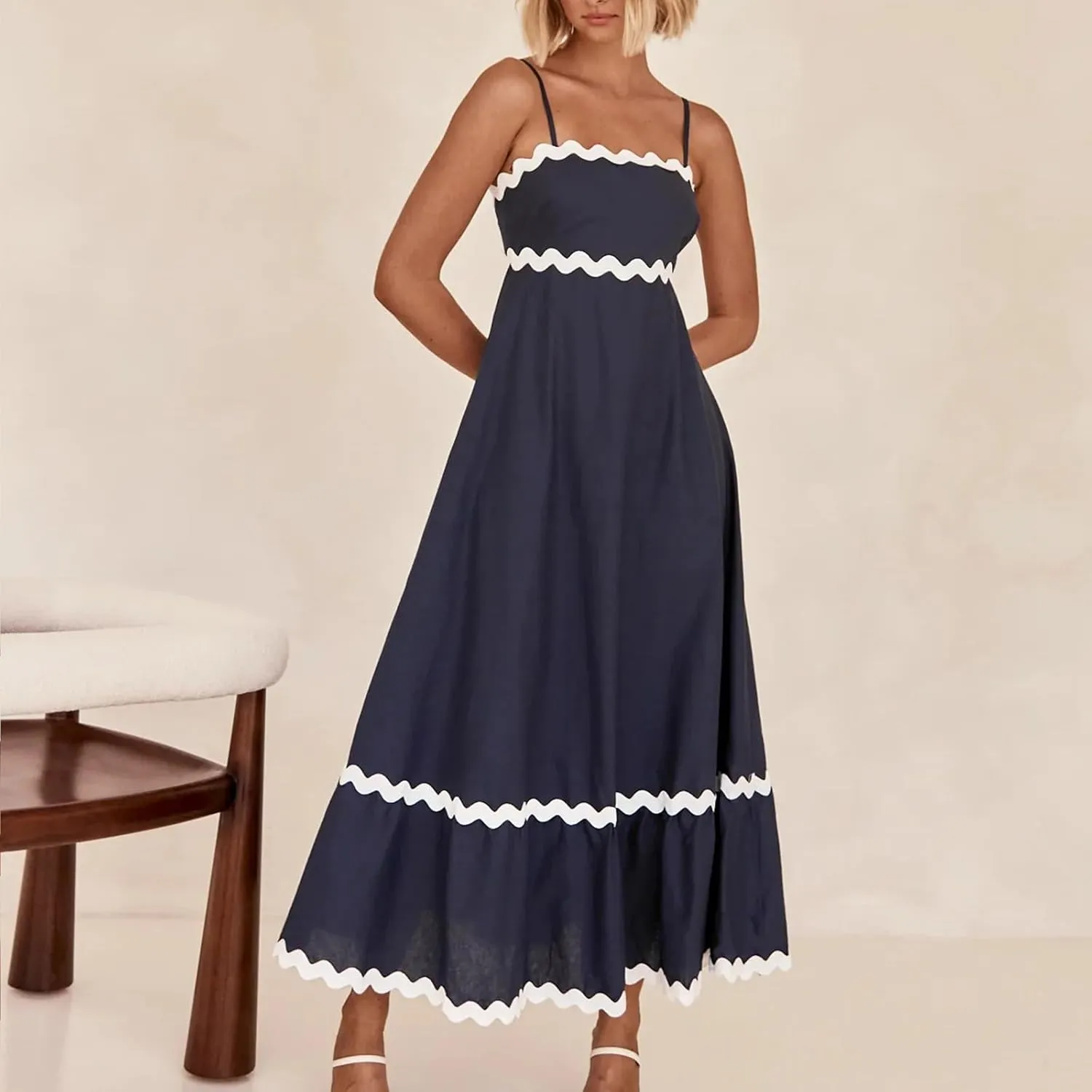 Summer Maxi Dresses for Women 2024 Casual RIC Rac Spaghetti Strap Dress Beach Vacation A Line Flowy Swing Sundresses