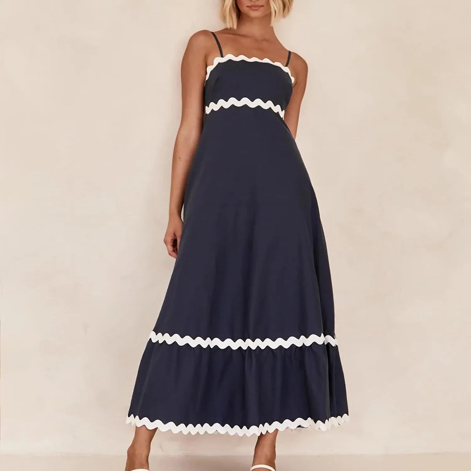 Summer Maxi Dresses for Women 2024 Casual RIC Rac Spaghetti Strap Dress Beach Vacation A Line Flowy Swing Sundresses