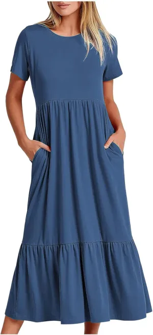 Summer Maxi Dresses for Women 2025 Crew Neck Short Sleeve Dress Casual Sun Dress Summer Beach Vacation Sundress