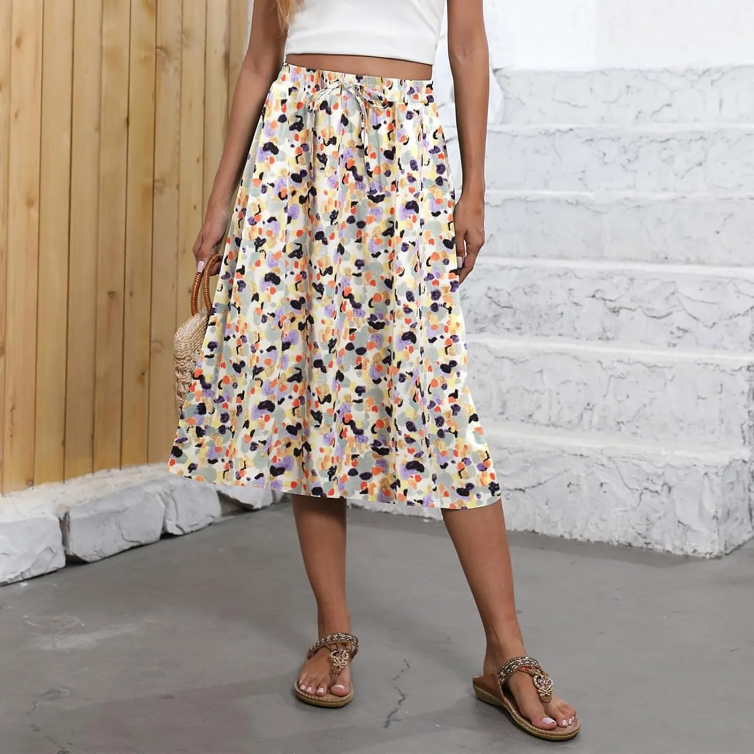 Summer Midi Skirts for Women 2025 Vacation Flowy Beach Skirt Drawstring High Waisted A-Line Boho Skirt with Pockets