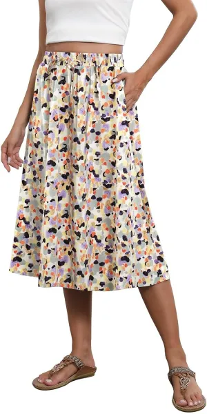 Summer Midi Skirts for Women 2025 Vacation Flowy Beach Skirt Drawstring High Waisted A-Line Boho Skirt with Pockets