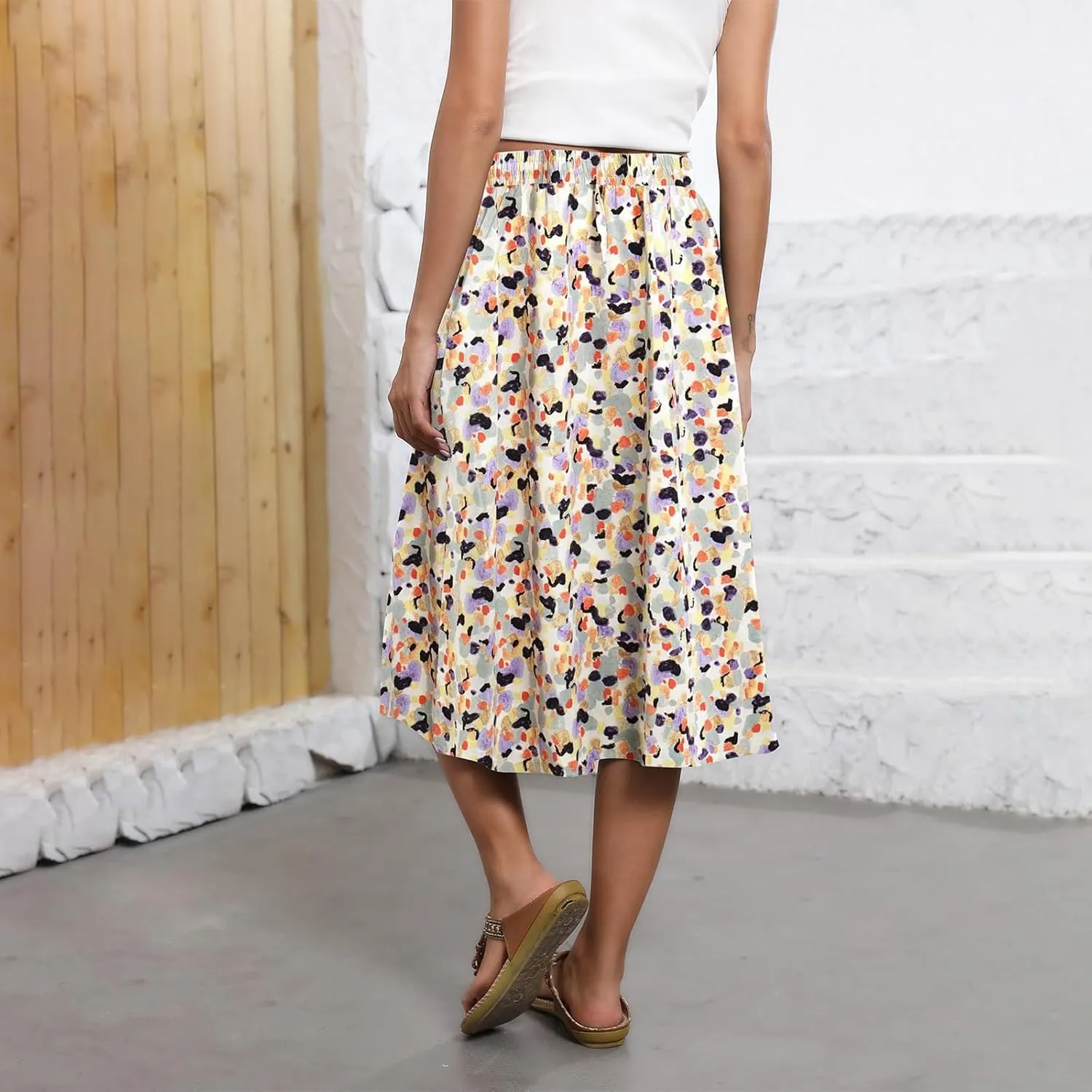 Summer Midi Skirts for Women 2025 Vacation Flowy Beach Skirt Drawstring High Waisted A-Line Boho Skirt with Pockets