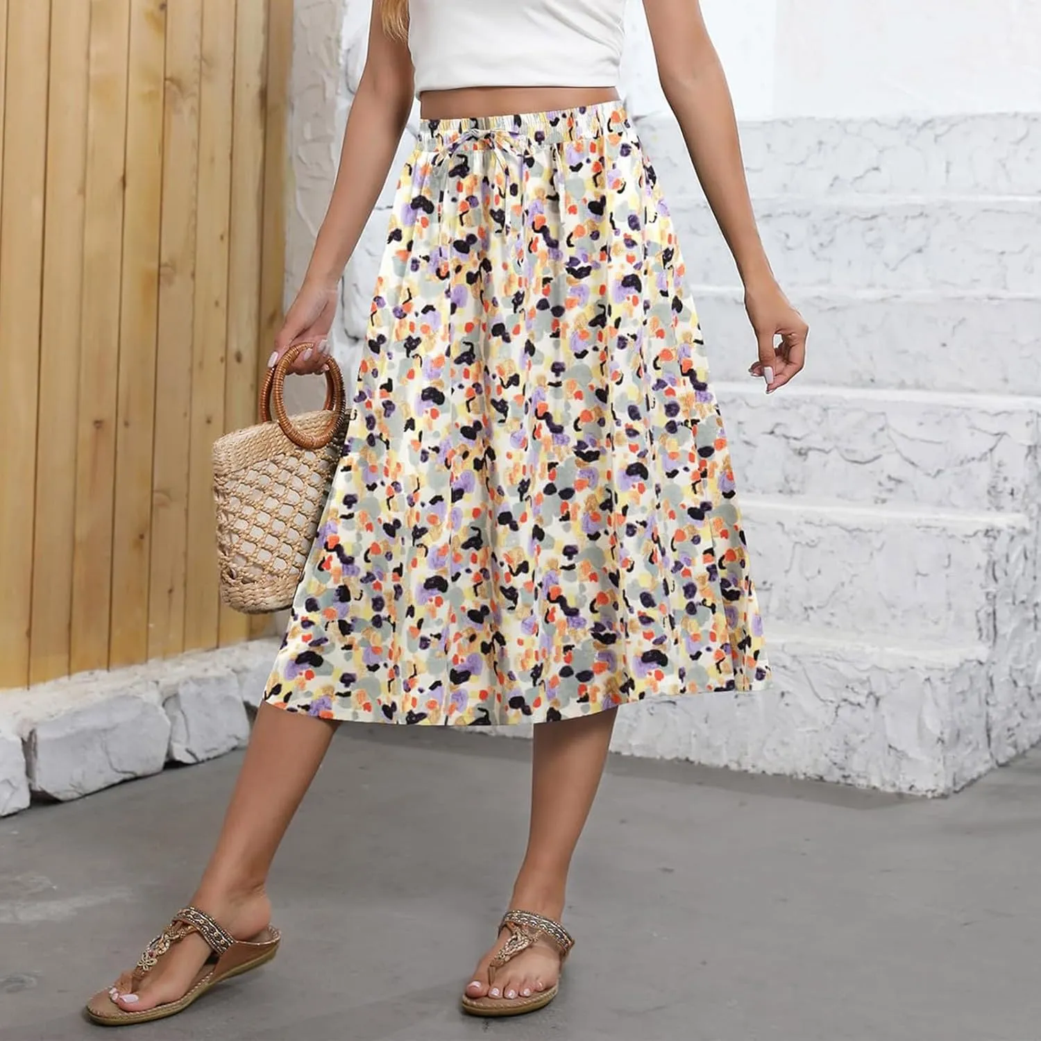 Summer Midi Skirts for Women 2025 Vacation Flowy Beach Skirt Drawstring High Waisted A-Line Boho Skirt with Pockets
