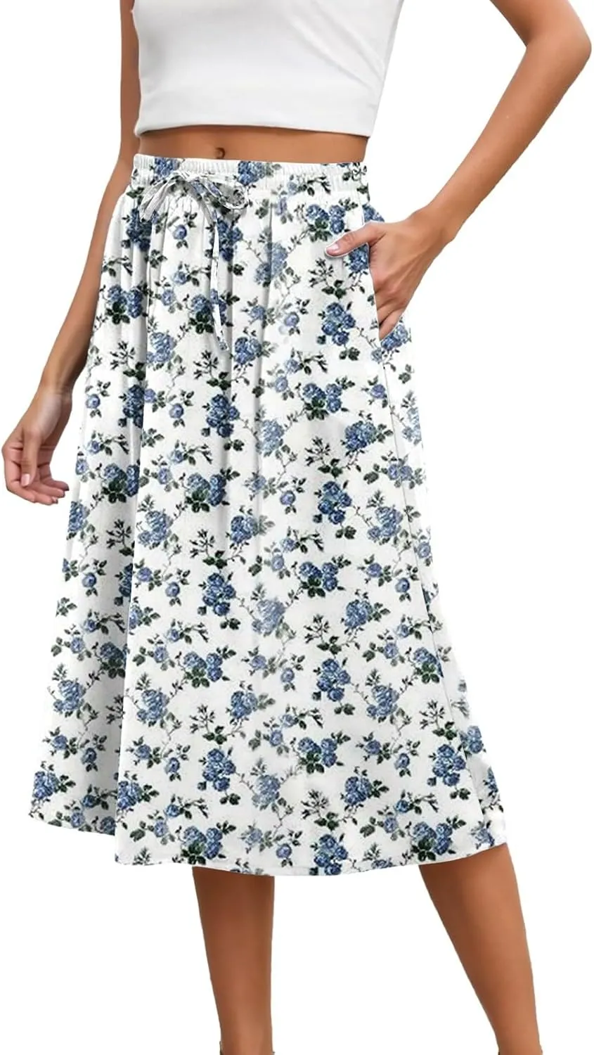 Summer Skirts for Women 2025 Casual Elastic Waist Midi Skorts Comfort Lightweight Drawstring Maxi Skorts with Pockets