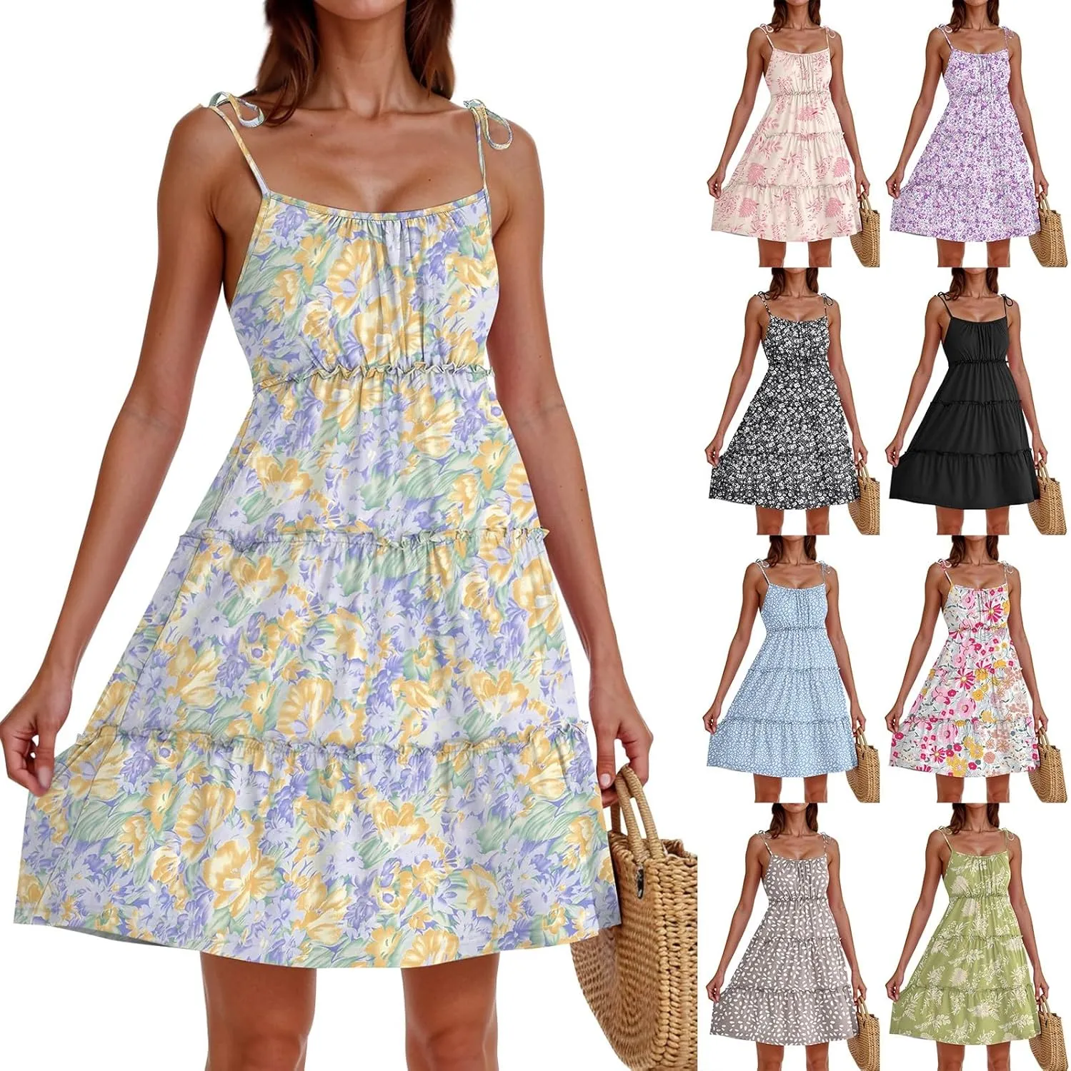 Sundresses for Women 2025 Vacation Spaghetti Strap Backless Floral Mini Dress Flowy Summer Tiered Ruffle Skater Dress