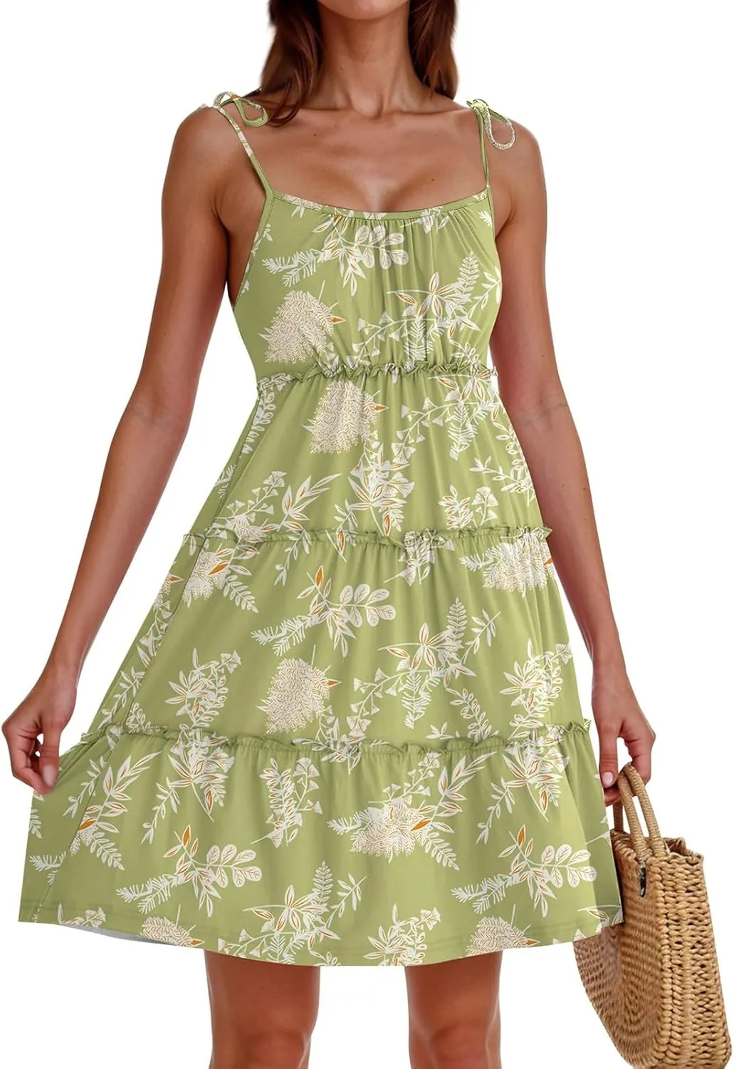 Sundresses for Women 2025 Vacation Spaghetti Strap Backless Floral Mini Dress Flowy Summer Tiered Ruffle Skater Dress