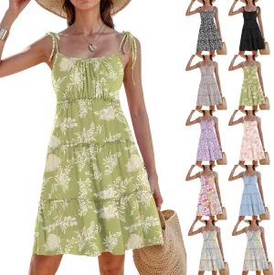 Sundresses for Women 2025 Vacation Spaghetti Strap Backless Floral Mini Dress Flowy Summer Tiered Ruffle Skater Dress