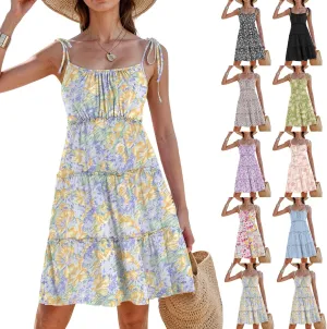 Sundresses for Women 2025 Vacation Spaghetti Strap Backless Floral Mini Dress Flowy Summer Tiered Ruffle Skater Dress