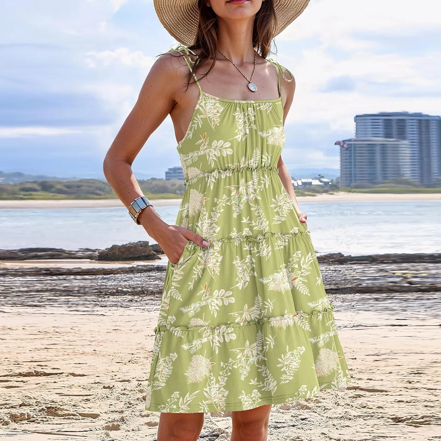 Sundresses for Women 2025 Vacation Spaghetti Strap Backless Floral Mini Dress Flowy Summer Tiered Ruffle Skater Dress