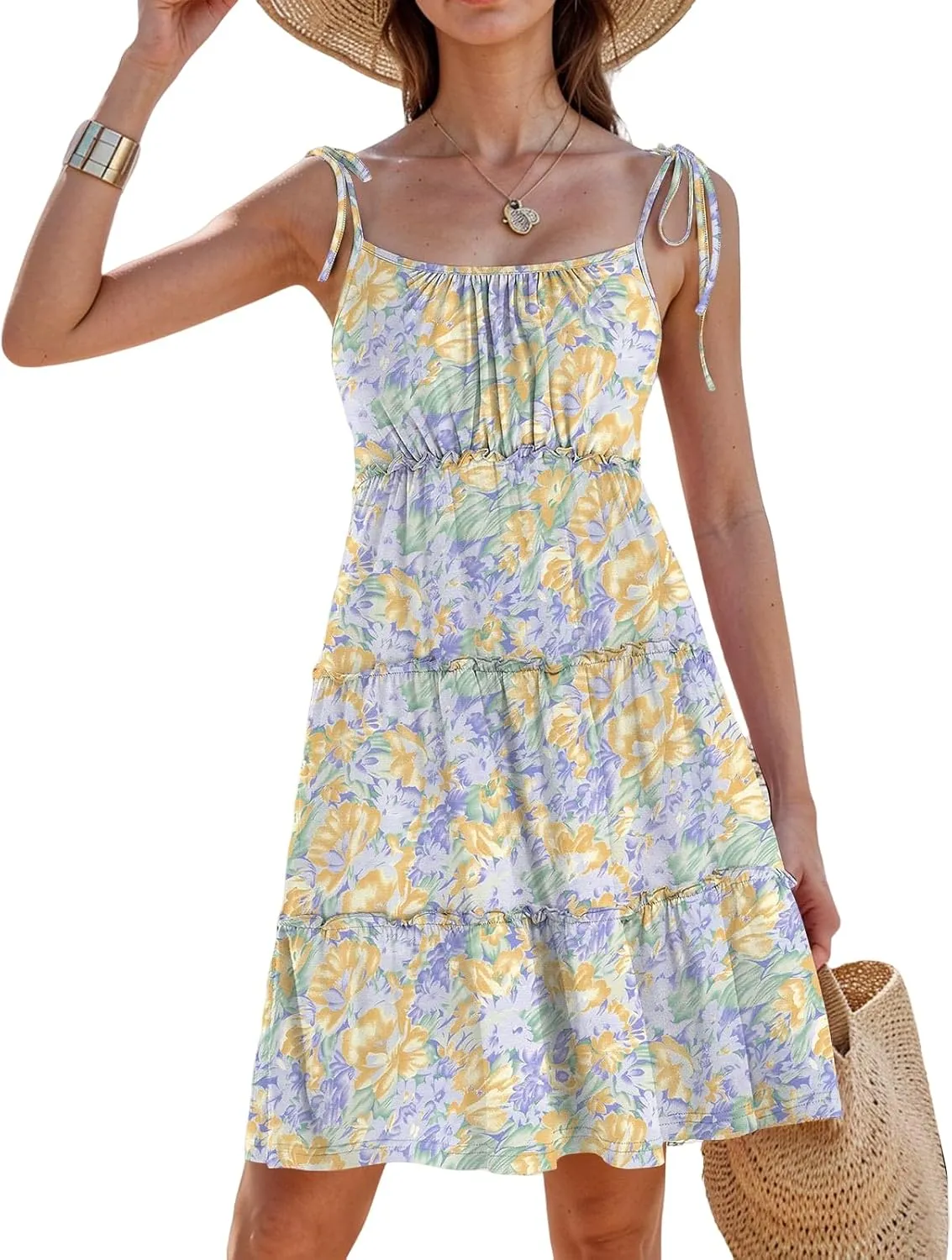 Sundresses for Women 2025 Vacation Spaghetti Strap Backless Floral Mini Dress Flowy Summer Tiered Ruffle Skater Dress