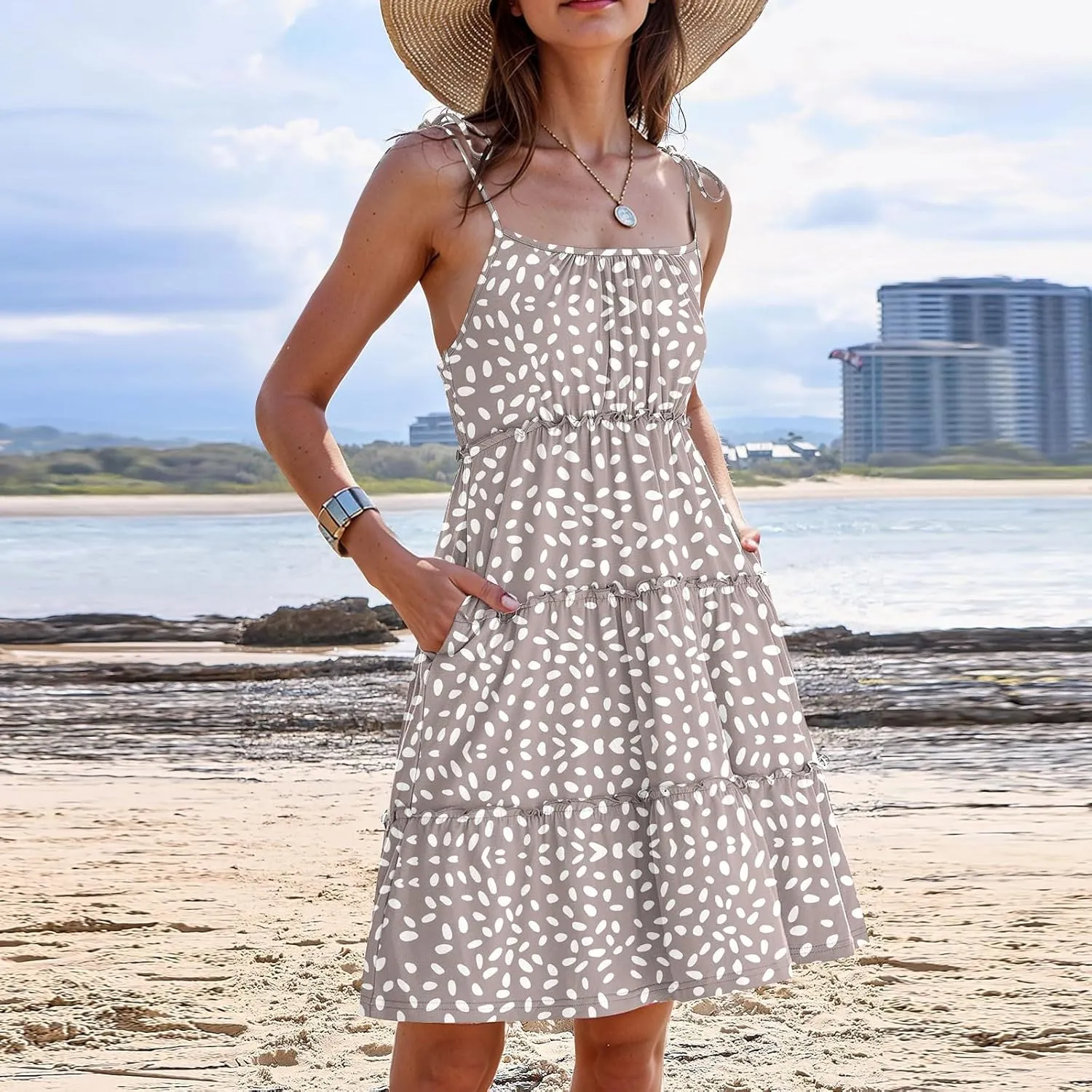 Sundresses for Women 2025 Vacation Spaghetti Strap Backless Floral Mini Dress Flowy Summer Tiered Ruffle Skater Dress