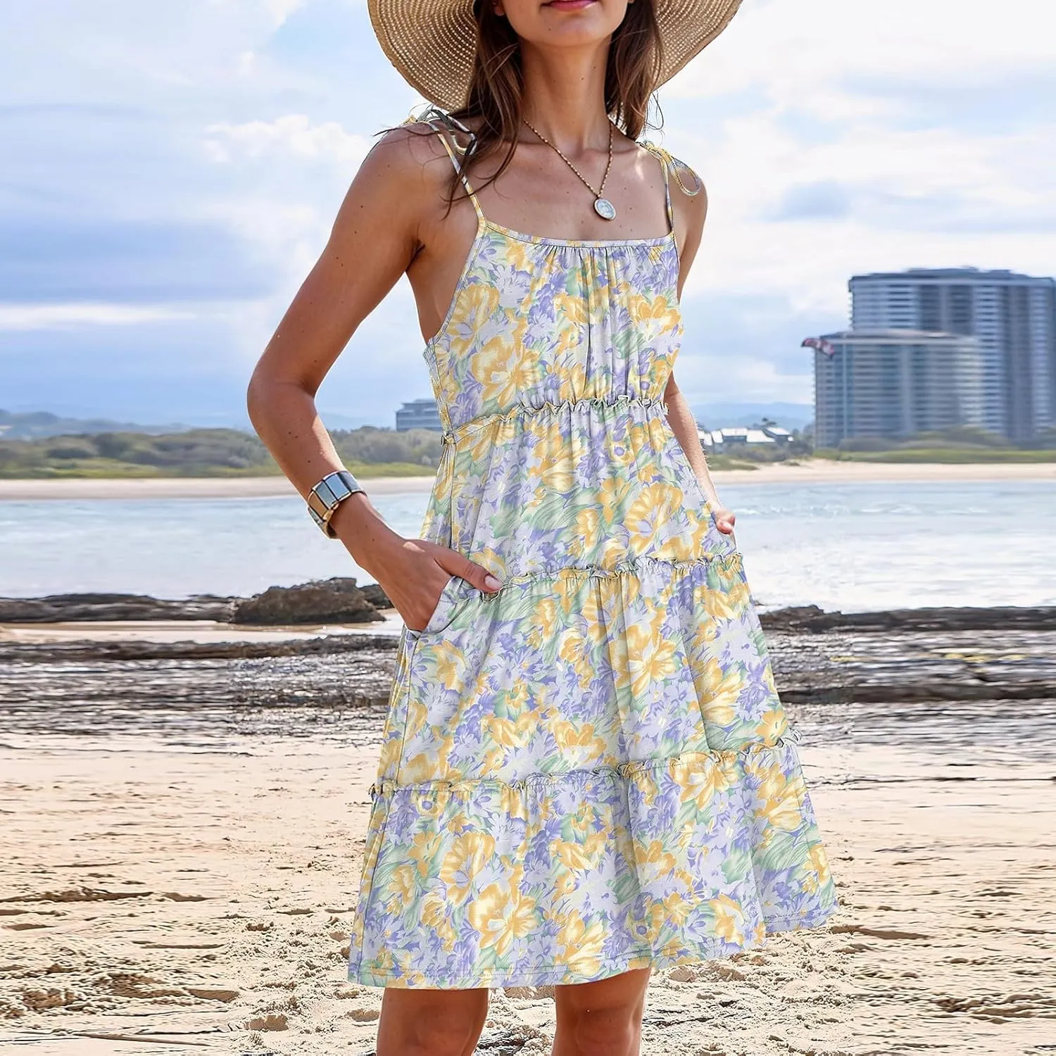 Sundresses for Women 2025 Vacation Spaghetti Strap Backless Floral Mini Dress Flowy Summer Tiered Ruffle Skater Dress