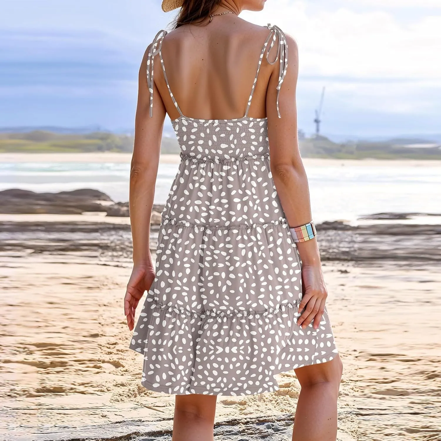 Sundresses for Women 2025 Vacation Spaghetti Strap Backless Floral Mini Dress Flowy Summer Tiered Ruffle Skater Dress