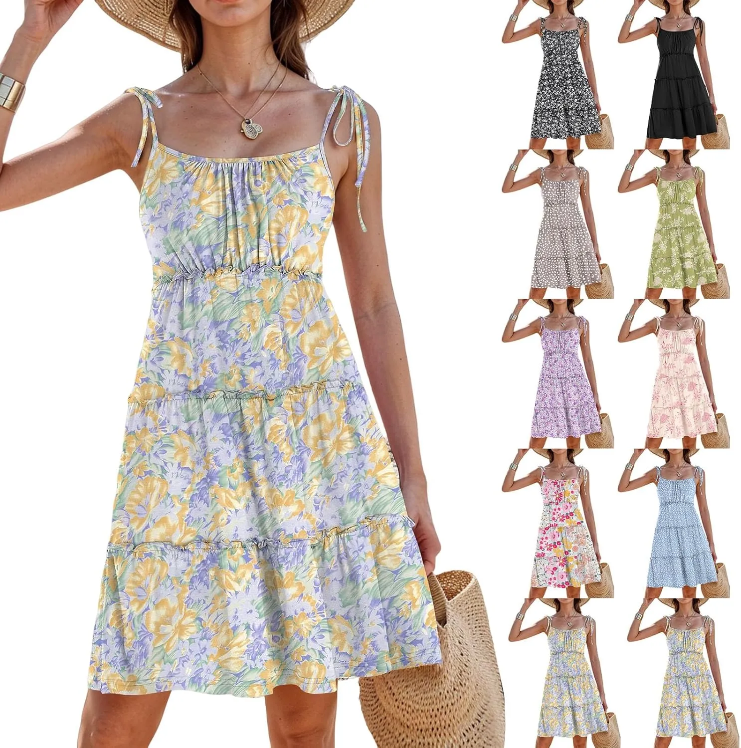 Sundresses for Women 2025 Vacation Spaghetti Strap Backless Floral Mini Dress Flowy Summer Tiered Ruffle Skater Dress
