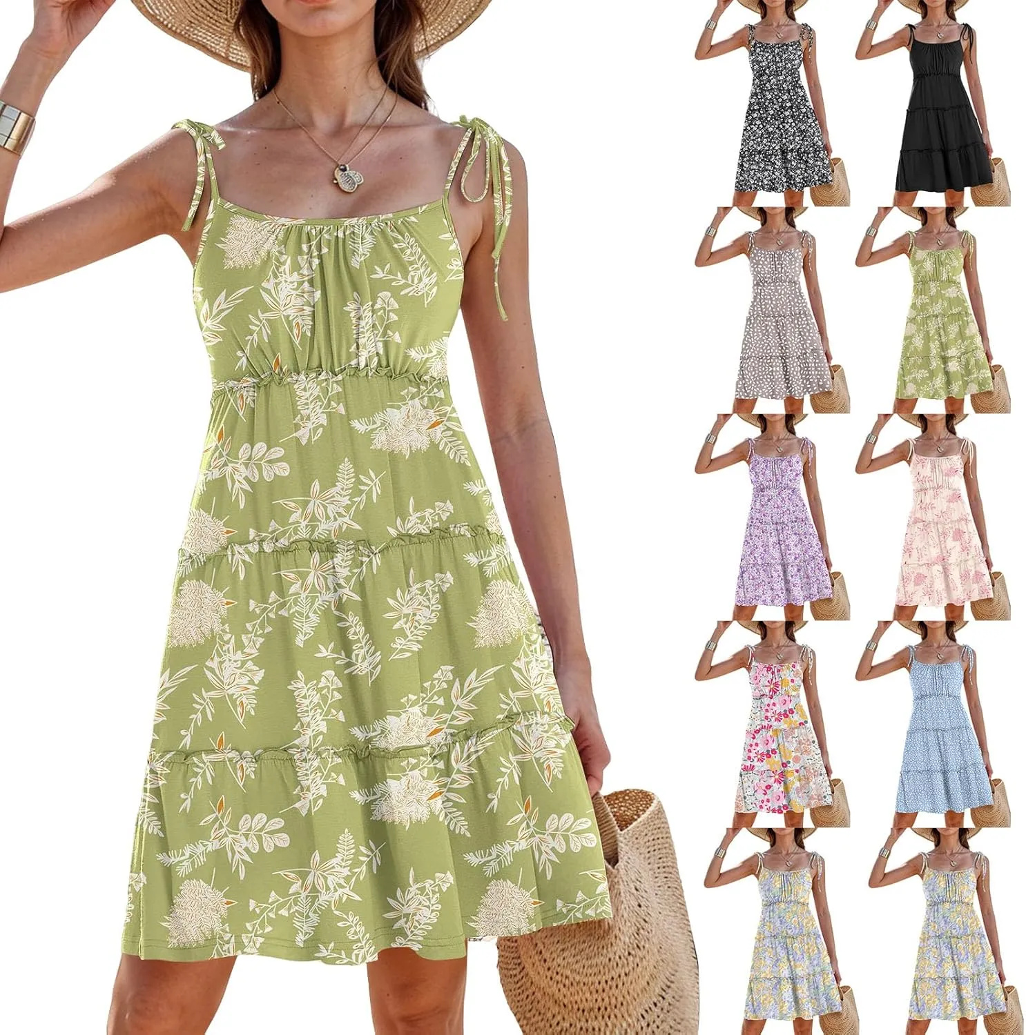 Sundresses for Women 2025 Vacation Spaghetti Strap Backless Floral Mini Dress Flowy Summer Tiered Ruffle Skater Dress