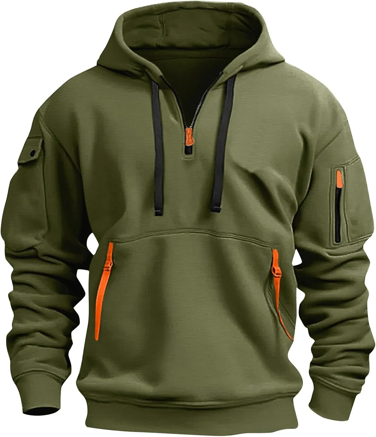 Sweatshirt Mens 1/4 Zip Vintage Basic Military Drawstring Mens Sweatshirt Lightweight Comfort Hoodie with Pockets