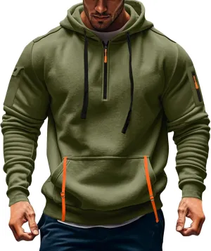 Sweatshirt Mens 1/4 Zip Vintage Basic Military Drawstring Mens Sweatshirt Lightweight Comfort Hoodie with Pockets