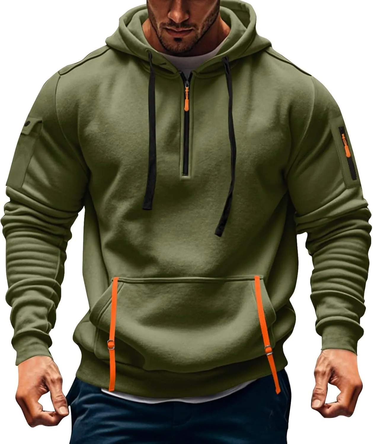 Sweatshirt Mens 1/4 Zip Vintage Basic Military Drawstring Mens Sweatshirt Lightweight Comfort Hoodie with Pockets