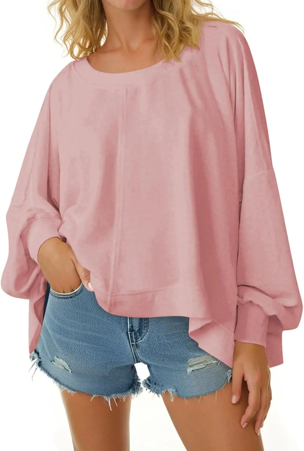 Tankaneo Womens Oversized Crewneck Sweatshirts Long Sleeve Loose Fit Slit Pullover Tops Fall Outfits Preppy Clothes