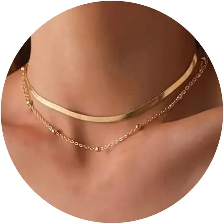 Tewiky Necklaces for Women, Layering Herringbone Beaded Necklaces Gold Plated Layered Short Necklaces Cute Beaded Necklaces Chunky Gold Chain Choker Necklace for Women Gold Jewelry Set