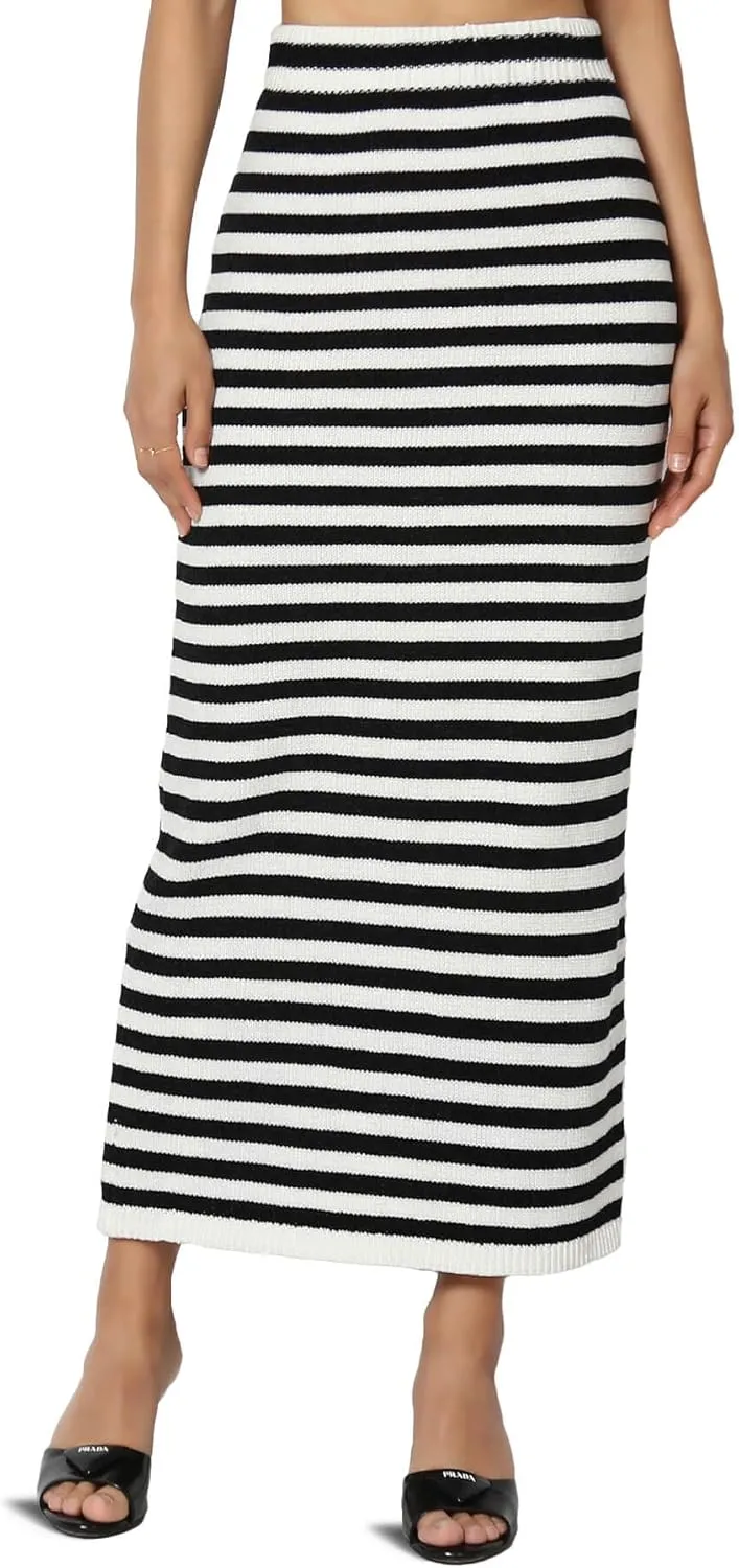 TheMogan Women's Striped Soft Yarn Knitted Long Skirt Casual High Waist Bodycon Pencil Maxi Skirts