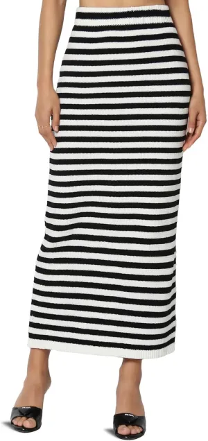 TheMogan Women's Striped Soft Yarn Knitted Long Skirt Casual High Waist Bodycon Pencil Maxi Skirts