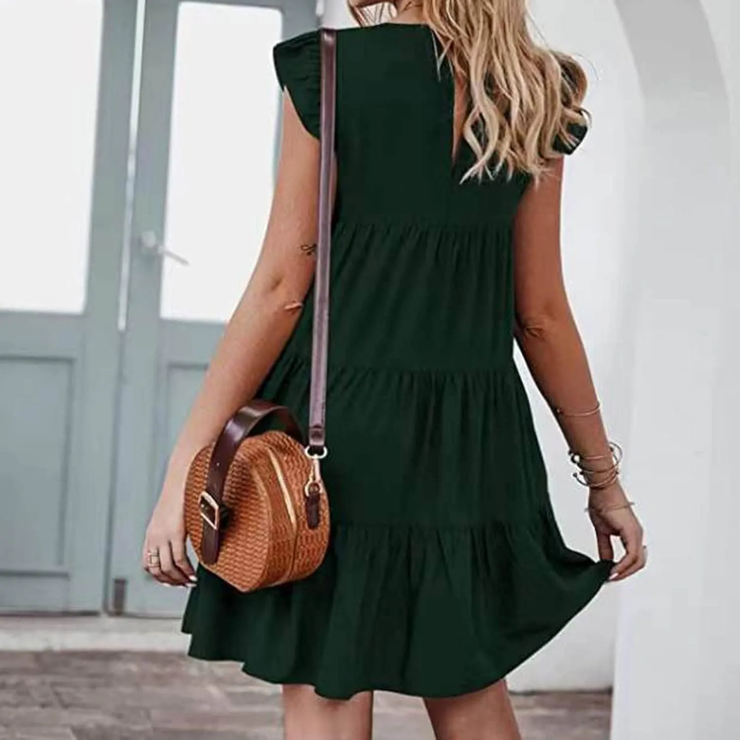 Tiered Dresses for Women Summer Trendy Ruffle Sleeve Mini Dress Casual Loose Flowy Swing Vacation Dresses
