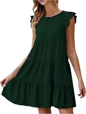 Tiered Dresses for Women Summer Trendy Ruffle Sleeve Mini Dress Casual Loose Flowy Swing Vacation Dresses