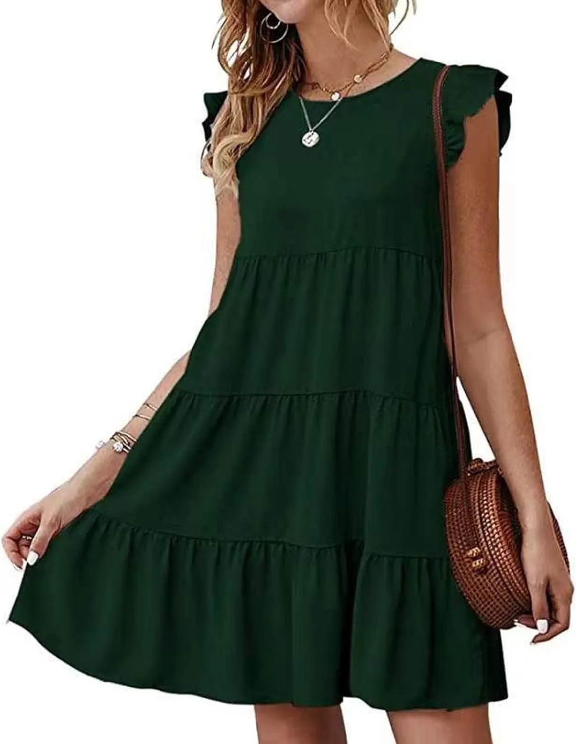 Tiered Dresses for Women Summer Trendy Ruffle Sleeve Mini Dress Casual Loose Flowy Swing Vacation Dresses