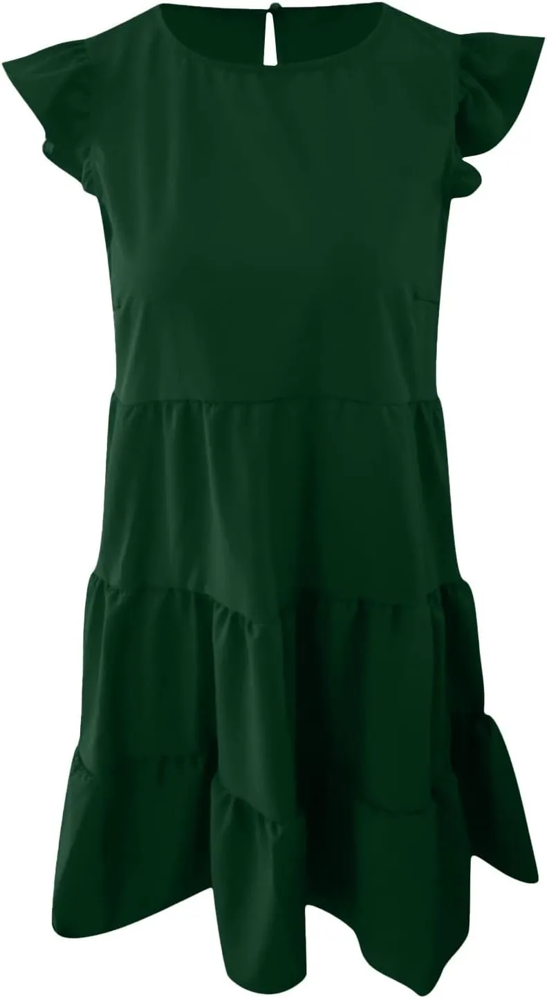 Tiered Dresses for Women Summer Trendy Ruffle Sleeve Mini Dress Casual Loose Flowy Swing Vacation Dresses