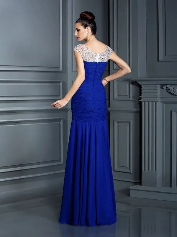 Trumpet/Mermaid Scoop Neck Sleeveless Long Chiffon Dresses with Beading