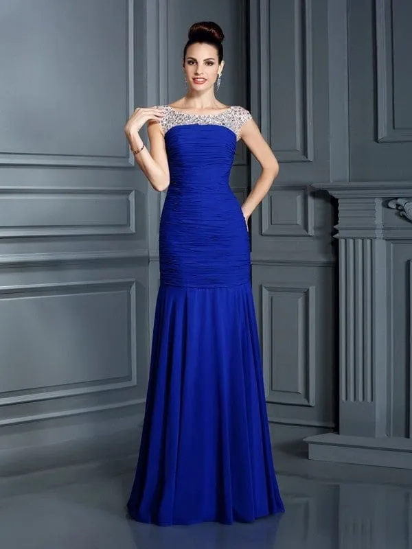 Trumpet/Mermaid Scoop Neck Sleeveless Long Chiffon Dresses with Beading