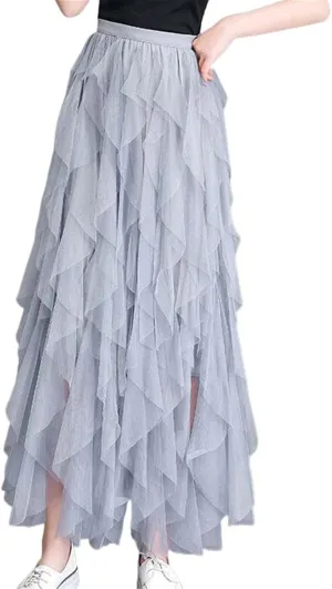 Tulle Long Maxi Women's Skirt Korean Cute Pink High Waist Pleated Female Lady Aesthetic
