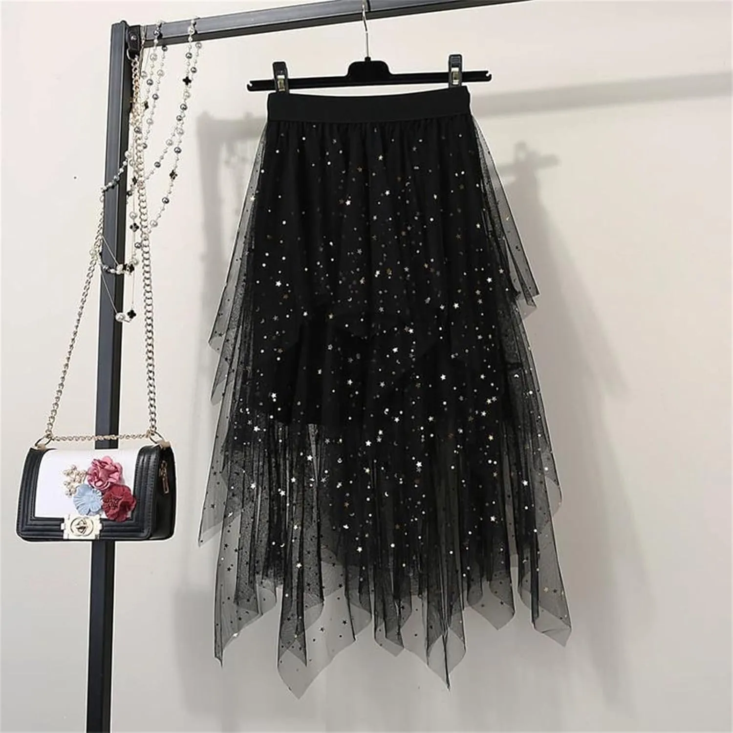 Tulle Midi Skirts for Women 2025 Summer Elastic High Waisted Sequin Asymmetrical Ruffle Tiered Skirt