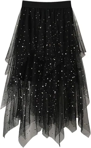 Tulle Midi Skirts for Women 2025 Summer Elastic High Waisted Sequin Asymmetrical Ruffle Tiered Skirt