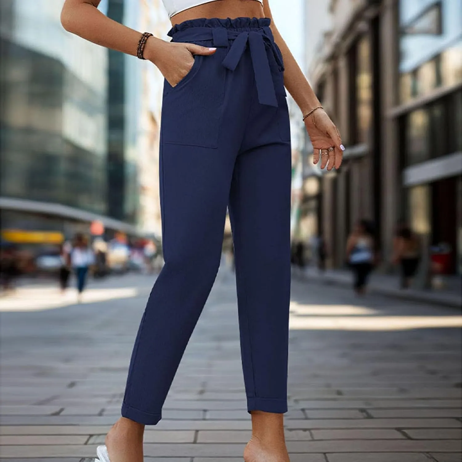 Tummy Control Work Pants for Women Business Casual Pants Drawstring Pants Relaxed Straight Trousers High Waist Pants