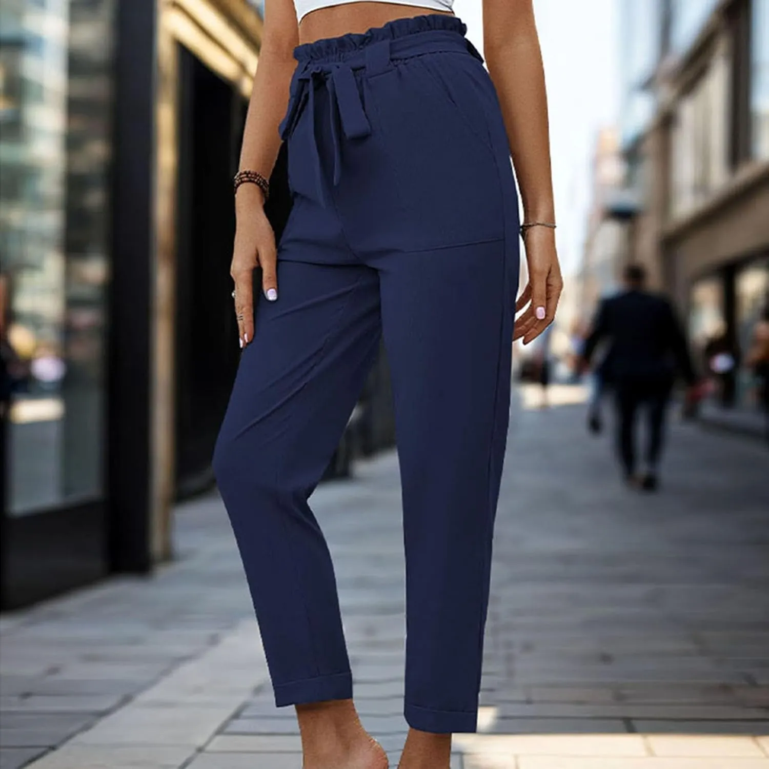 Tummy Control Work Pants for Women Business Casual Pants Drawstring Pants Relaxed Straight Trousers High Waist Pants