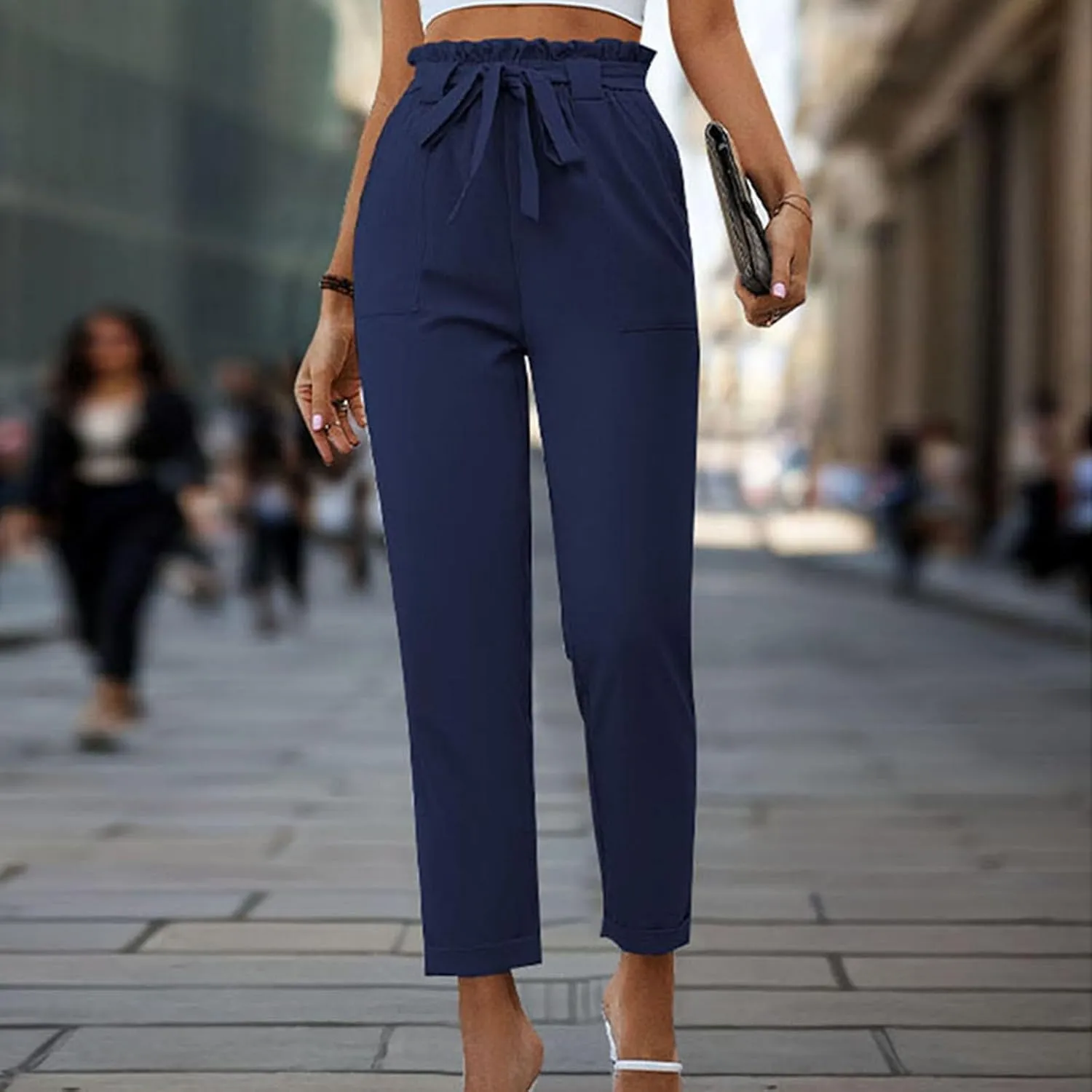 Tummy Control Work Pants for Women Business Casual Pants Drawstring Pants Relaxed Straight Trousers High Waist Pants