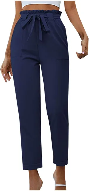 Tummy Control Work Pants for Women Business Casual Pants Drawstring Pants Relaxed Straight Trousers High Waist Pants