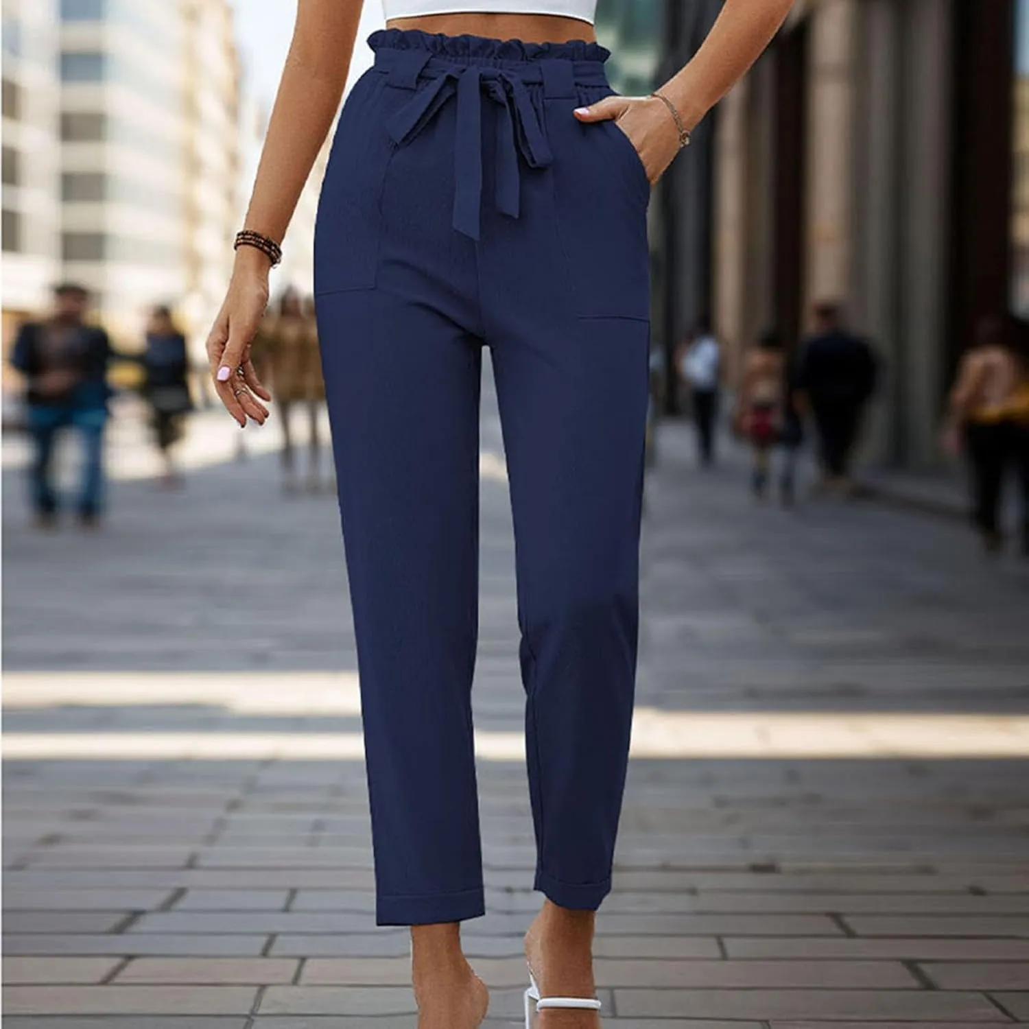 Tummy Control Work Pants for Women Business Casual Pants Drawstring Pants Relaxed Straight Trousers High Waist Pants