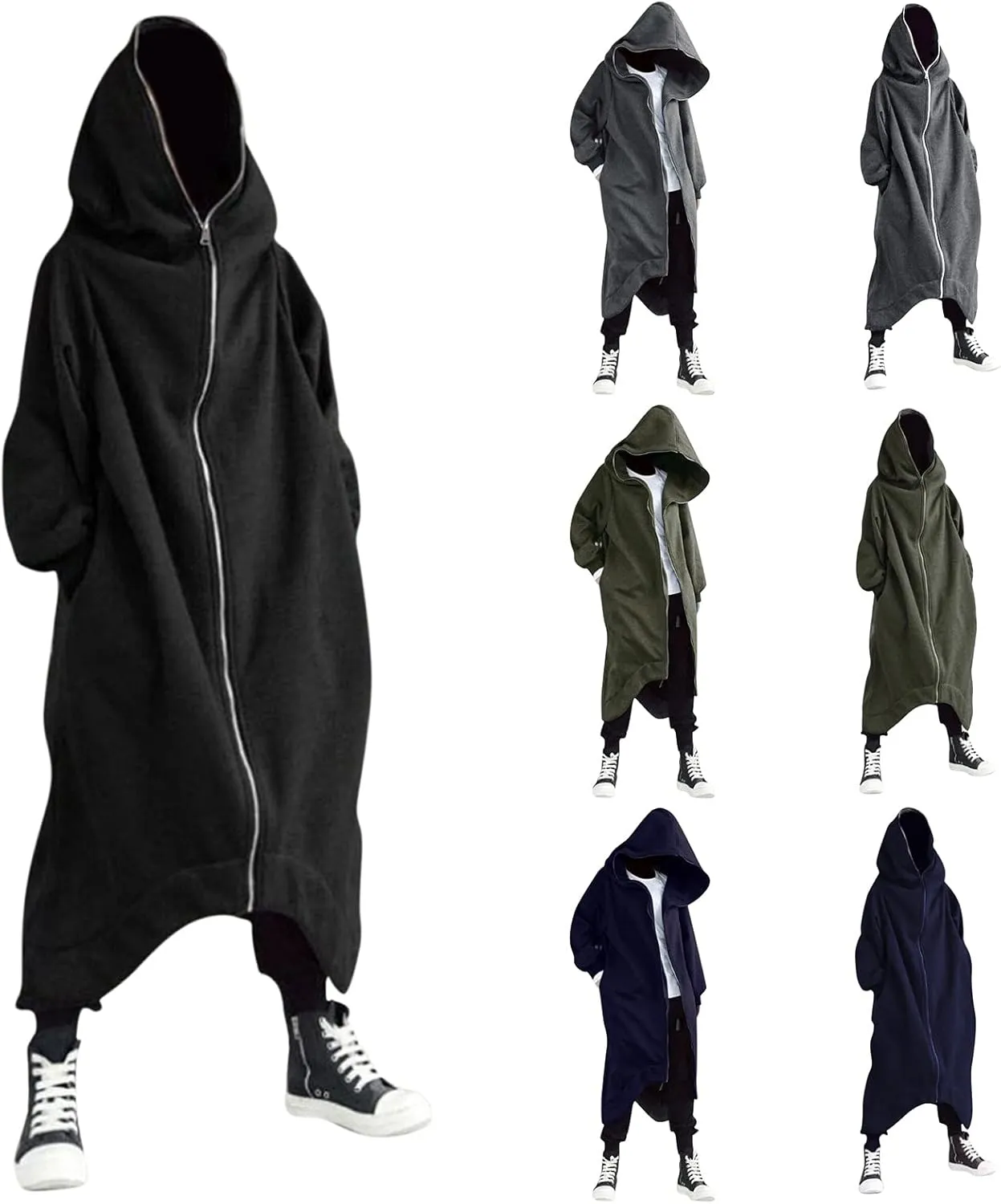 TUQIDEWU Mens Hoodies, Full Zipper Cloak Cardigan with Hood for Men Long Tunic Sweatshirts Jackets Gothic Street Cool Hoodies
