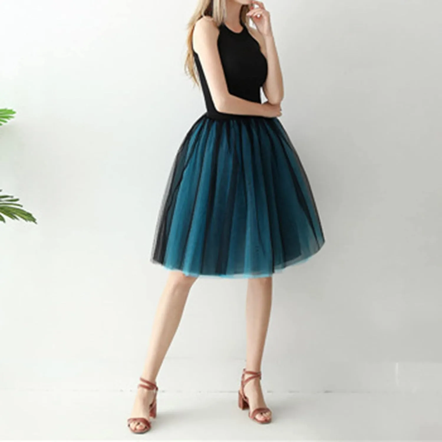 Tutu Skirt Women's Knee Length 6-Layered Wedding Party Wrap Skirt Black Tulle