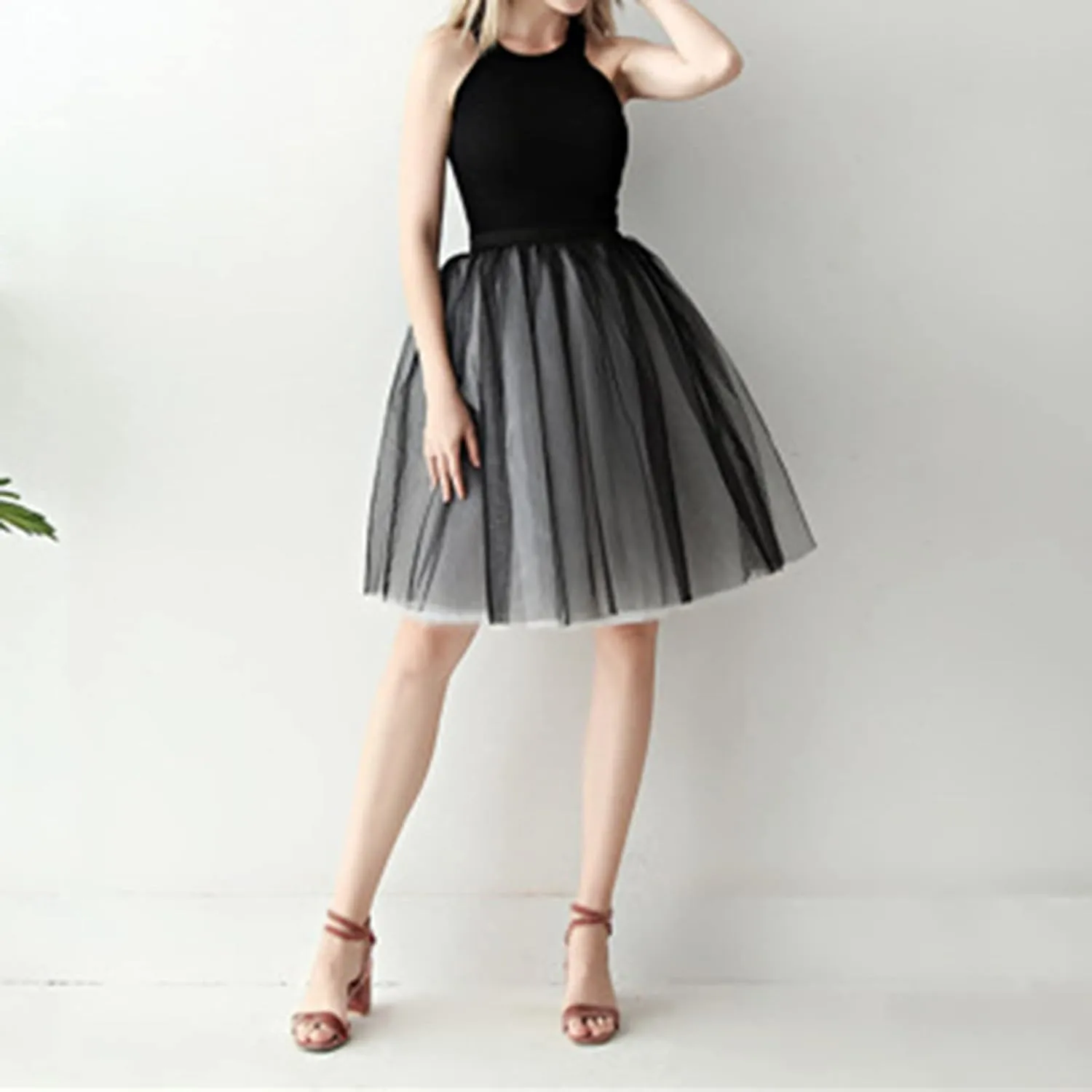 Tutu Skirt Women's Knee Length 6-Layered Wedding Party Wrap Skirt Black Tulle