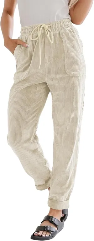 Vintage Corduroy Pants Women Baggy Drawstring Elastic Waist Pants Casual Comfy Work Pants Loose Fit Straight Leg Pants